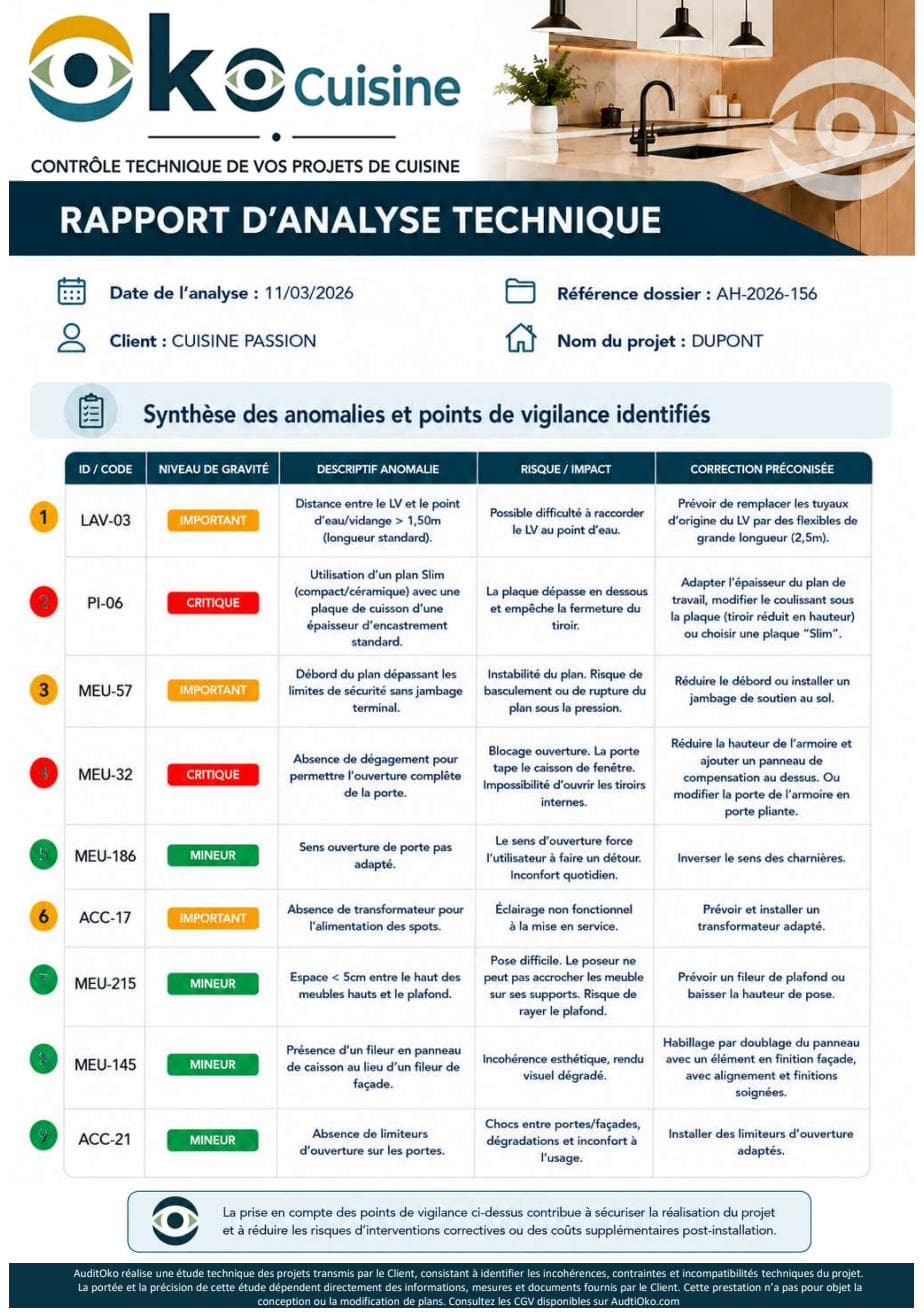Page 2 du rapport d’analyse technique OkoCuisine : synthèse des anomalies avec niveaux de gravité, risques et corrections préconisées