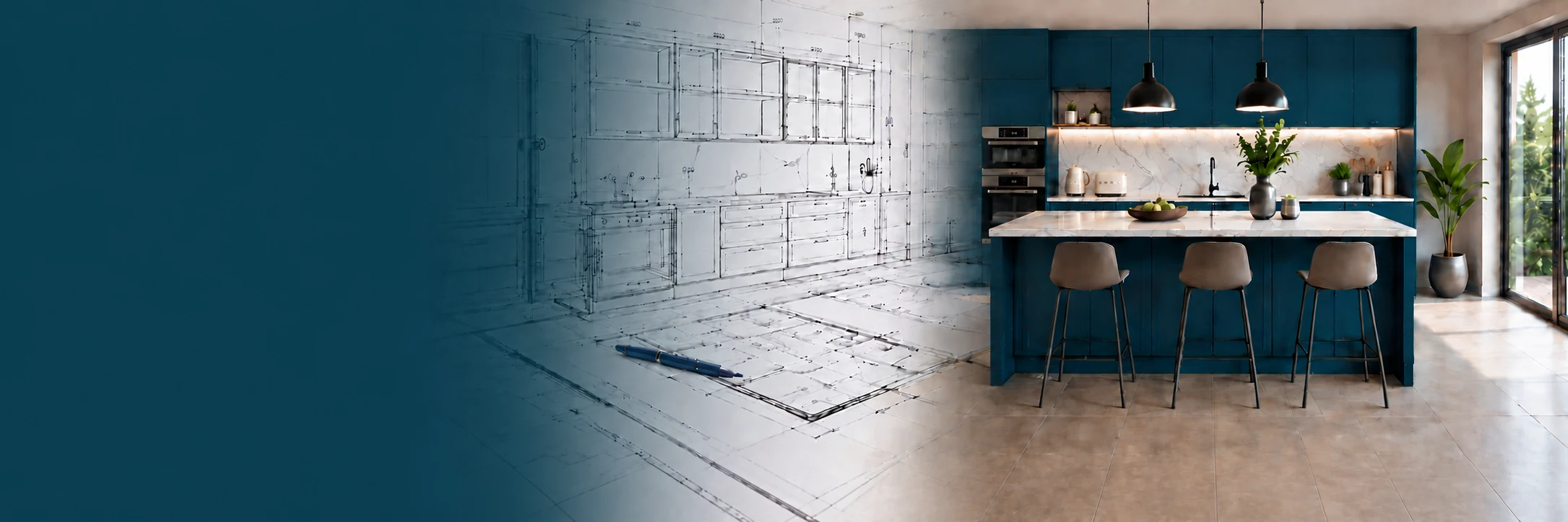 Plan technique de cuisine se fondant dans la cuisine réalisée, îlot central et façades bleu nuit